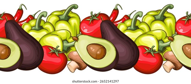 Food Border Seamless. Seamless Garland with Vegetables. Horizontal Vegetable Border. Veggies Background Seamless. Healthy Food Concept. Organic Food Farmers Markets, Banner, Flyer, Wallpaper, textile