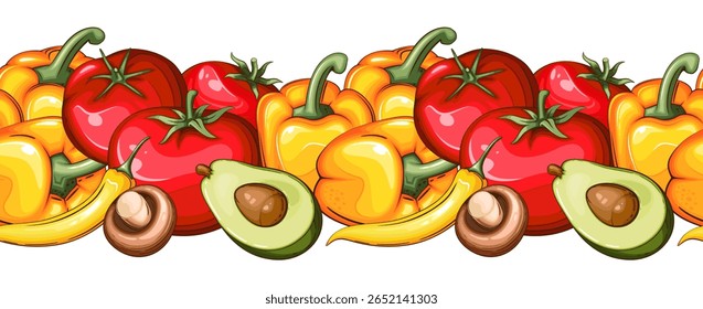 Food Border Seamless. Seamless Garland with Vegetables. Horizontal Vegetable Border. Veggies Background Seamless. Healthy Food Concept. Organic Food Farmers Markets, Banner, Flyer, Wallpaper, textile