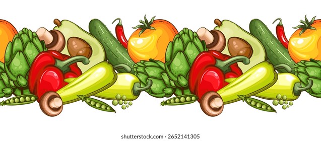 Food Border Seamless. Seamless Garland with Vegetables. Horizontal Vegetable Border. Veggies Background Seamless. Healthy Food Concept. Organic Food Farmers Markets, Banner, Flyer, Wallpaper, textile
