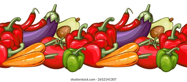 Sem emenda na fronteira alimentar. Garland sem costura com legumes. Borda Vegetal Horizontal. Fundo de legumes sem emenda. Conceito de alimento saudável. Organic Food Farmers Markets, Banner, Flyer, Papel de parede, têxtil