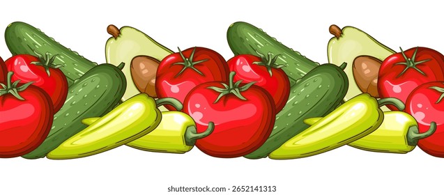 Food Border Seamless. Seamless Garland with Vegetables. Horizontal Vegetable Border. Veggies Background Seamless. Healthy Food Concept. Organic Food Farmers Markets, Banner, Flyer, Wallpaper, textile