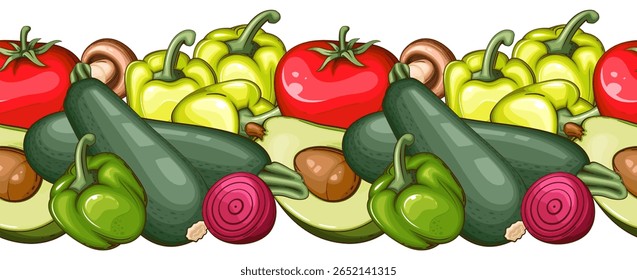 Food Border Seamless. Seamless Garland with Vegetables. Horizontal Vegetable Border. Veggies Background Seamless. Healthy Food Concept. Organic Food Farmers Markets, Banner, Flyer, Wallpaper, textile