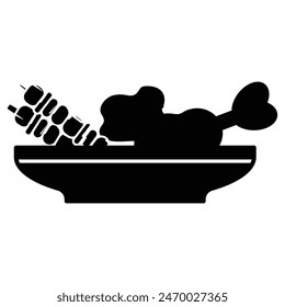 food bowl with chicken, vegetables, lemon and other food items icon silhouette