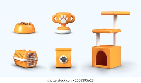 Food bowl, gold trophy, carrier, bag with paw print, cat house with several beds