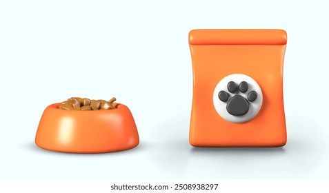 Food bowl, orange bag with paw print. Set of elements for animal feeding concepts