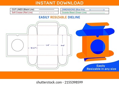 Food box, cake box, gift box with window dieline template and 3D box