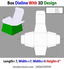 Food Box L=7,W1=7,W2=5,H=5 inch Dieline Template With 3d Design Editable Vector File