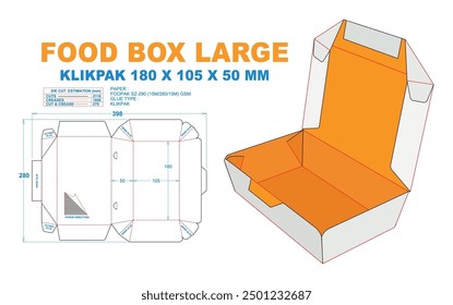 CAJA DE ALIMENTOS GRANDE KLIK PAK 180X 105X50 MM. 2D Dibujo técnico: ilustraciones de forma y dimensión reales (escala de archivo Eps 1:1) estimaciones de troquelado equipadas preparadas para la producción. Caja 3D: ilustración solamente.