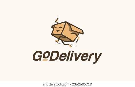 food box logo mascot character style, running while holding spoon and fork.