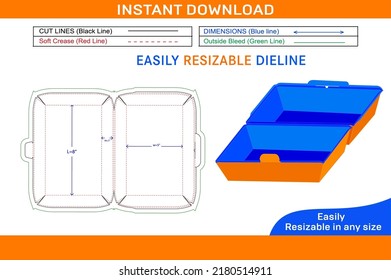 Food box, lunch box dieline template and 3D box design
