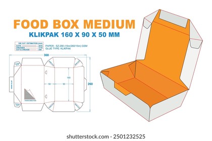 FOOD BOX MEDIUM KLIK PAK 160X 90X50 MM. 2D Technical Drawing: real shape and dimension illustrations (File Eps scale 1:1) equipped die cut estimates prepared for production. 3D Box: illustration only.