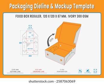 Food Box Reguler. 120 X 120 X 67 MM.  Ivory Gsm. Dieline Real Shape and Dimension. Mockup Template. Equipped die cut lengths prepared for production.