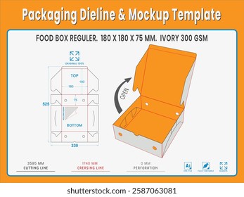 Food Box Reguler. 180 X 180 X 75 MM.  Ivory Gsm. Dieline Real Shape and Dimension. Mockup Template. Equipped die cut lengths prepared for production.