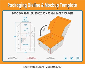 Food Box Reguler. 200 X 200 X 76 MM.  Ivory Gsm. Dieline Real Shape and Dimension. Mockup Template. Equipped die cut lengths prepared for production.