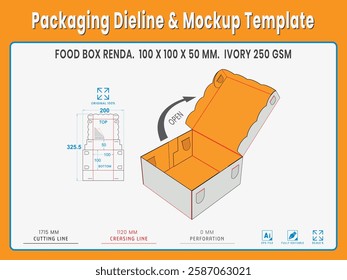 Food Box Renda. 100 X 100 X 50 MM.  Ivory Gsm. Dieline Real Shape and Dimension. Mockup Template. Equipped die cut lengths prepared for production.