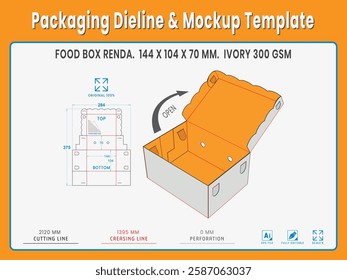 Food Box Renda. 144 X 104 X 70 MM.  Ivory Gsm. Dieline Real Shape and Dimension. Mockup Template. Equipped die cut lengths prepared for production.