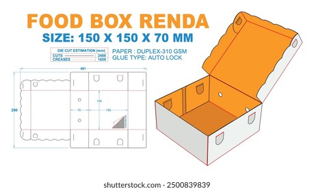 FOOD BOX RENDA 150 X 150 X 70 MM. 2D Dibujo técnico: ilustraciones de forma y dimensión reales (escala de archivo Eps 1:1) estimaciones de troquelado equipadas preparadas para la producción. Caja 3D: ilustración solamente.