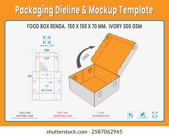 Food Box Renda. 150 X 150 X 70 MM.  Ivory Gsm. Dieline Real Shape and Dimension. Mockup Template. Equipped die cut lengths prepared for production.