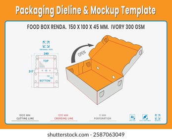 Food Box Renda. 150 X 100 X 45 MM.  Ivory Gsm. Dieline Real Shape and Dimension. Mockup Template. Equipped die cut lengths prepared for production.