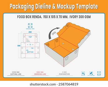 FOOD BOX RENDA 150 X 105 X 70 MM. Ivory Gsm. Dieline Real Shape and Dimension. Mockup Template. Equipped die cut lengths prepared for production.