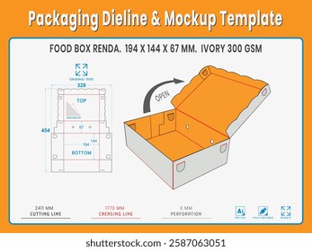 Food Box Renda. 194 X 144 X 67 MM.  Ivory Gsm. Dieline Real Shape and Dimension. Mockup Template. Equipped die cut lengths prepared for production.