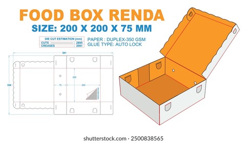 FOOD BOX RENDA 200 X 200 X 75 MM. 2D Technical Drawing: real shape and dimension illustrations (File Eps scale 1:1) equipped die cut estimates prepared for production. 3D Box: illustration only.