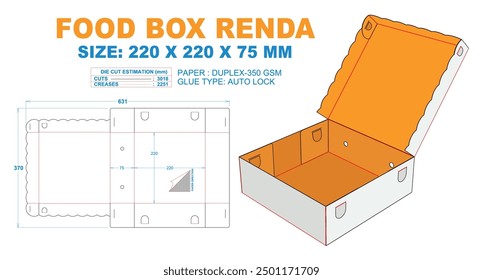 FOOD BOX RENDA 220 X 220 X 75 MM. 2D Technical Drawing: real shape and dimension illustrations (File Eps scale 1:1) equipped die cut estimates prepared for production. 3D Box: illustration only.