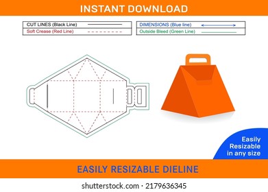 Food box Triangle with handle for bottle, mug, cosmetic dieline template and 3D box design