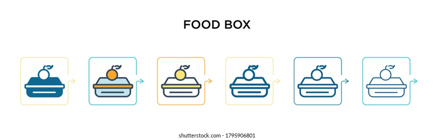 Food box vector icon in 6 different modern styles. Black, two colored food box icons designed in filled, outline, line and stroke style. Vector illustration can be used for web, mobile, ui