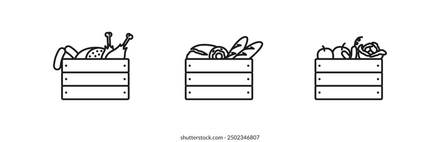 Food box vector icon set. Meat, bakery and vegetables food boxes icons.