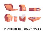 Food boxes, carton bags and cup, disposable takeaway paper packages for fastfood cafe meals sushi, rolls, pizza or french fries, coffee and drinks for take away. Cartoon vector illustration, icons set