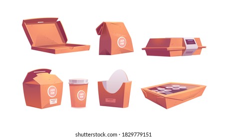 Food boxes, carton bags and cup, disposable takeaway paper packages for fastfood cafe meals sushi, rolls, pizza or french fries, coffee and drinks for take away. Cartoon vector illustration, icons set
