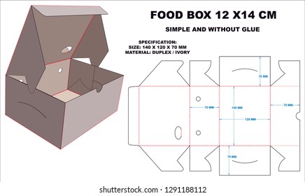 Food boxes commonly used in the market with a size of 140 X 120 X 70 mm. Simple box model & without using glue. Layout with Cutting and Scoring Lines on Striped Background -Vector Draw Graphic Design.