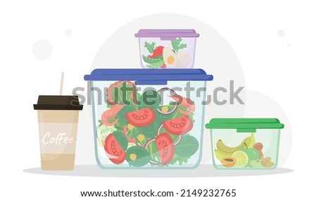 Food in boxes. Convenient plastic containers for carrying salads to work, proper nutrition and diet. Vegetarianism and vitamins, natural and organic products. Cartoon flat vector illustration