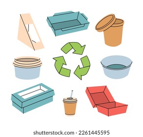 Lebensmittelkästen zum Recycling. Leere Faltschachteln für das Mitnehmen. Papier- und Kunststoffbehälter. Leere Packungen mitnehmen. Mitgenommen Kartonboxen