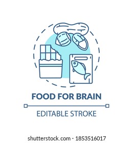 Food For Brain Turquoise Concept Icon. Dark Chocolate. Oily Fish. Healthy Eating. Nutritious Nuts. Brain Health Idea Thin Line Illustration. Vector Isolated Outline RGB Color Drawing. Editable Stroke