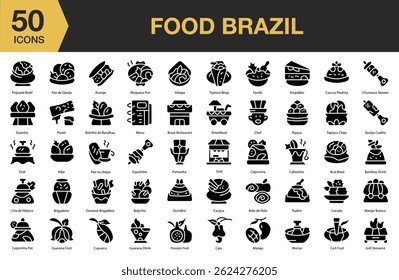 Conjunto de ícone sólido Food Brasil. Inclui comida, Brasil, delicioso, restaurante, almoço, refeição e muito mais. Coleção vetorial de ícones sólidos.