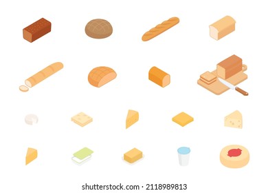 Food, bread and cheese set, dairy. Isometric vector illustration in flat design. 