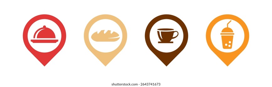 Food, Bread, Coffee and Juice icon set illustration vector. Food, Bread, Coffee and Juice with location sign and symbol.
