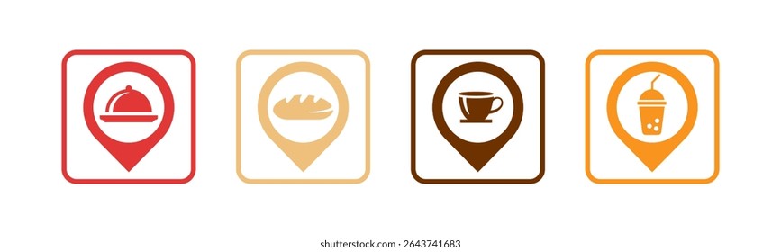 Food, Bread, Coffee and Juice icon set illustration vector. Food, Bread, Coffee and Juice with location sign and symbol.