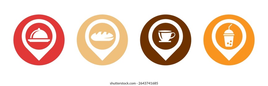 Food, Bread, Coffee and Juice icon set illustration vector. Food, Bread, Coffee and Juice with location sign and symbol.