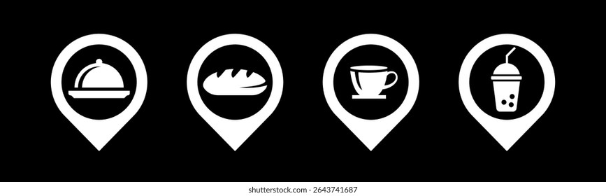 Food, Bread, Coffee and Juice icon set illustration vector.In black and white color. Food, Bread, Coffee and Juice with location sign and symbol.