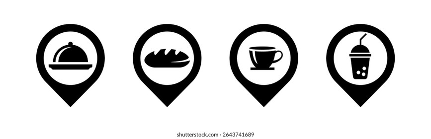 Food, Bread, Coffee and Juice icon set illustration vector.In black and white color. Food, Bread, Coffee and Juice with location sign and symbol.