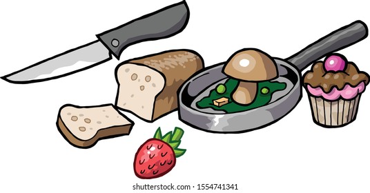 Food bread mushroom kitchen cupcake knife strawberry isolated vector cartoon style illustration