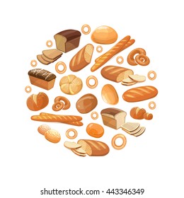 Food bread rye wheat whole grain bagel sliced french baguette croissant vector icons in circle. Bakery products for breakfast, illustration of loaf and snack bakery