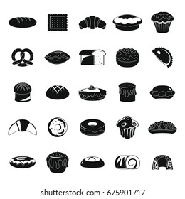 Food bread rye wheat whole grain bagel sliced french baguette croissant vector icons in simple black silhouette style. Bakery products for breakfast, illustration of loaf and snack bakery