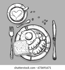 food breakfast bread sausage egg coffee set drawing graphic illustrate objects