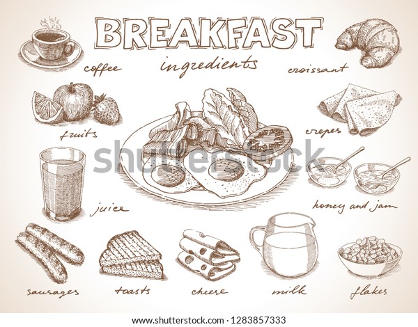 Food for breakfast free hand drawing, sketch style