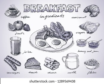 Food For Breakfast Free Hand Monochrome Drawing, Sketch Style