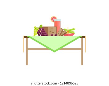 Food for breakfast and grapefruit juice in glass on table. Rye bread, white or blue grapes bunch, sausage with fork, asparagus vector illustration.